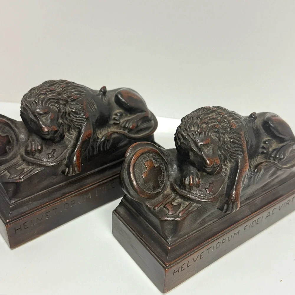 Vintage Mahogany Lion of Lucerne Set of Bookends 